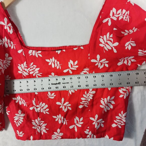 Ann Taylor, Top, Red with White Leaf Print, Square Neck, Puffed Sleeves, Size 8 - Picture 12 of 15